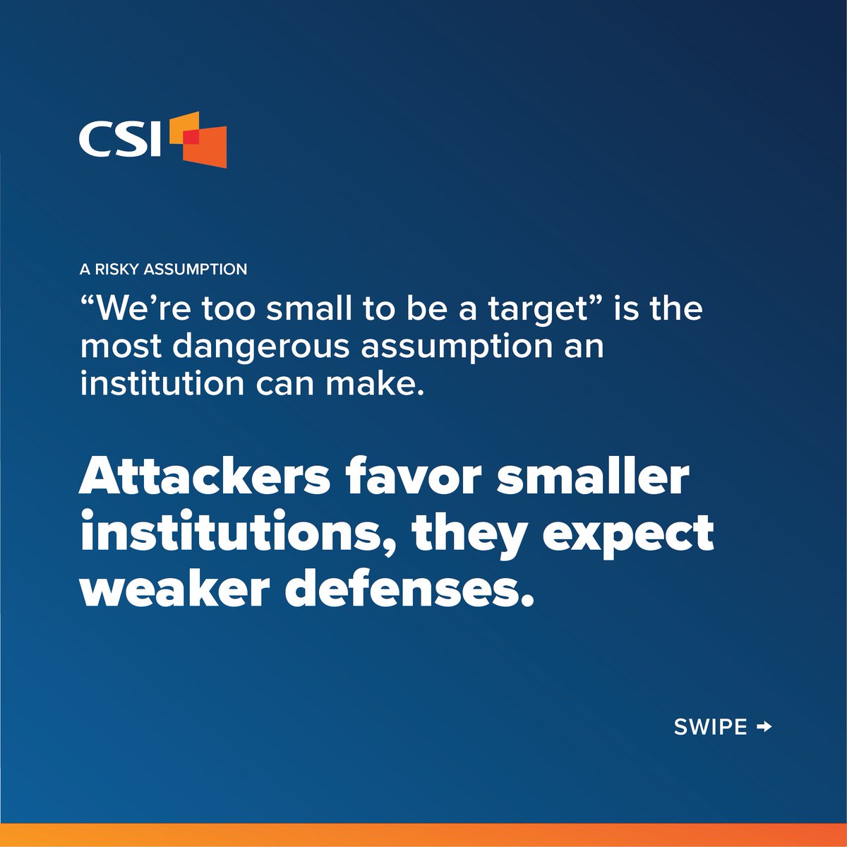 CSIsolutions's tweet photo. "We're too small to be a target" is a risky assumption for community banks. CSI's CISO Sean Darragh reveals how AI shifts cybersecurity risks. Swipe and read more: https://t.co/6Xa4k8fIe7 https://t.co/kULRivTT6E