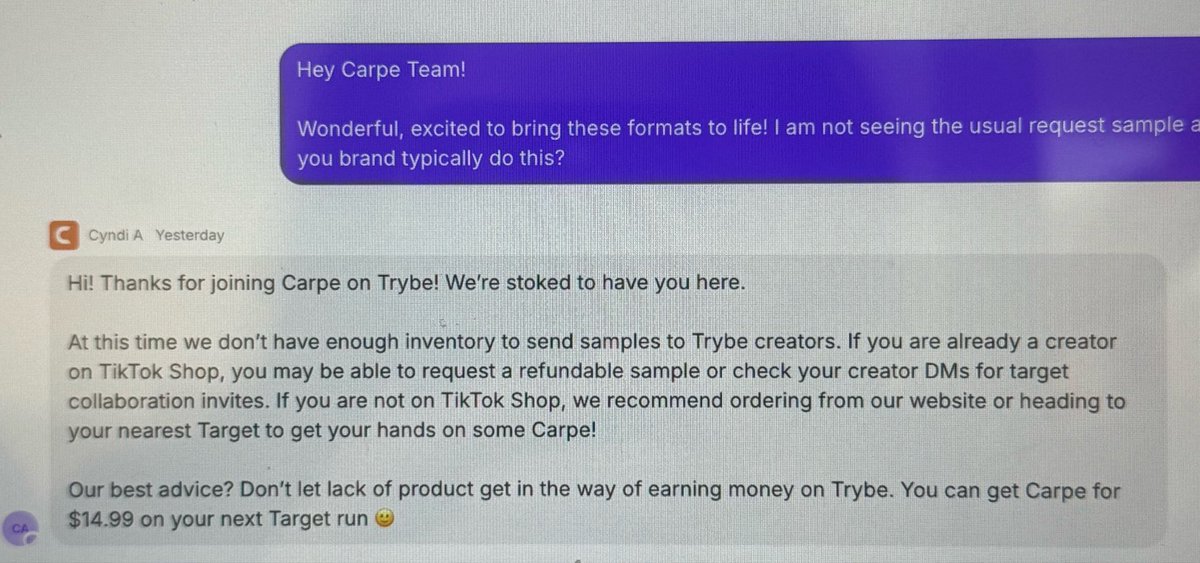 byJessKay's tweet photo. Trybe is started to seem like a worse TikTok shop …. /: 

How are brands like Carpe (which I loved 💔) getting creators to create ads FOR FREE, giving 15% commission of revenue creator’s 100% GENERATED — and now they don’t even have “the revenue” to even send them the product?? 😭🤯

They actually suggest to go to TikTok shop to get reimbursement… I’m in shock. 

Content creation will grow, but it will not be in this way. 

Commercials ads costs thousands, you’re getting free ads, compensate your people properly. 👎🏻🚫 
& creators — don’t settle for this, there’s fair compensation out there! You deserve it!!  #ugc #ugccontent #tyrbe #carpe #contentcreation #UGC #creators #ugcnet