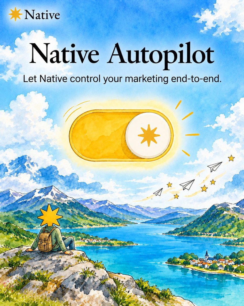 trynativeapp's tweet photo. Native Autopilot is live 🚀

Before, you approved or declined every post. Now you don't even do that.

It finds trends, matches your context, writes the post, schedules it at your best time, picks platforms, then reads analytics to improve next time.

Just a toggle. Try it now 🔥 https://t.co/PDV8KrQkg7