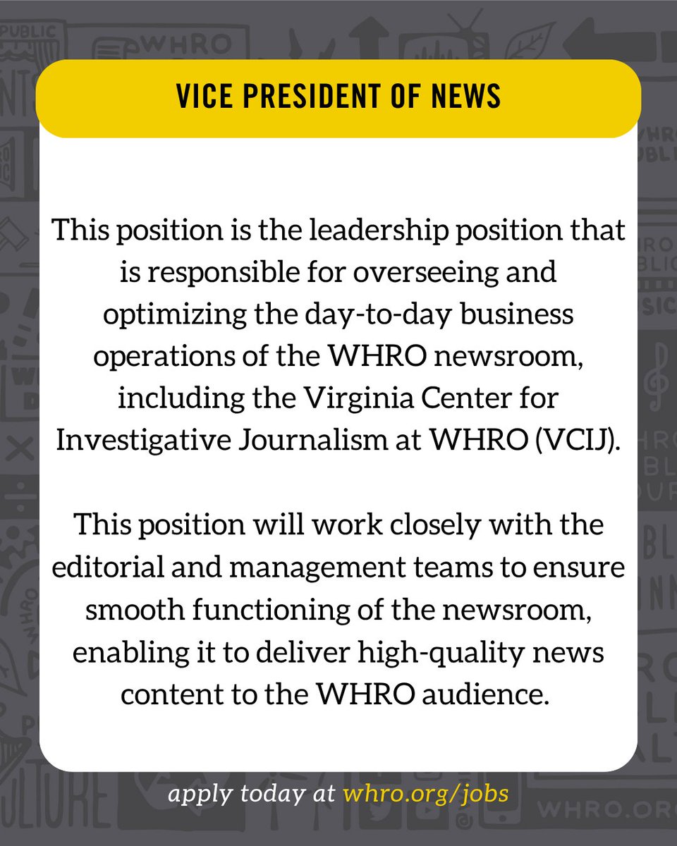 WHRO's tweet photo. WE'RE HIRING 📢

Join the WHRO Public Media fam and fill our open positions! Visit https://t.co/7CD15QcsLl for more info &amp; apply today.

Know someone who'd be perfect for one of these jobs? Tag them in the comments ⬇️ https://t.co/owqOMNVV7h