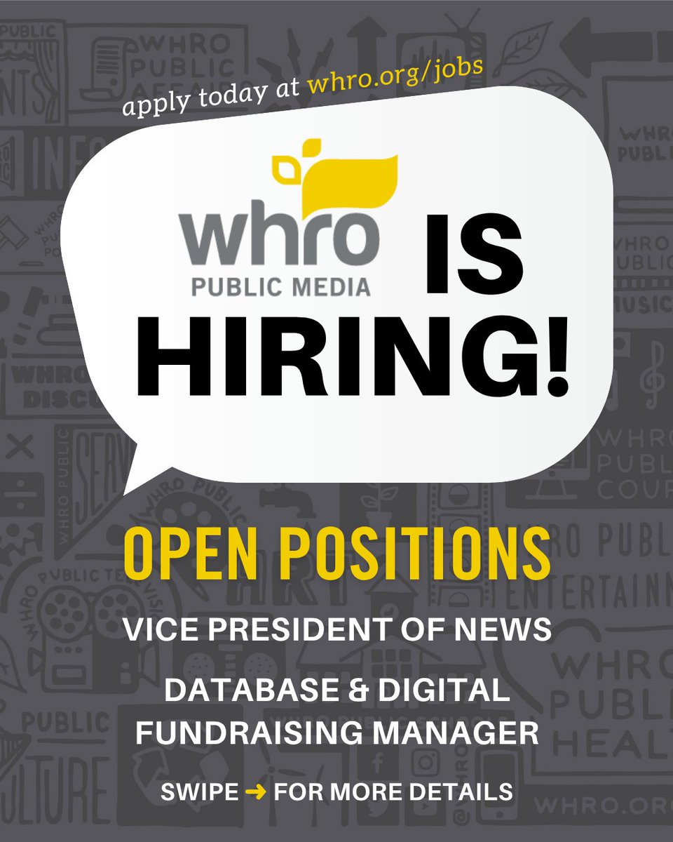 WHRO's tweet photo. WE'RE HIRING 📢

Join the WHRO Public Media fam and fill our open positions! Visit https://t.co/7CD15QcsLl for more info &amp; apply today.

Know someone who'd be perfect for one of these jobs? Tag them in the comments ⬇️ https://t.co/owqOMNVV7h