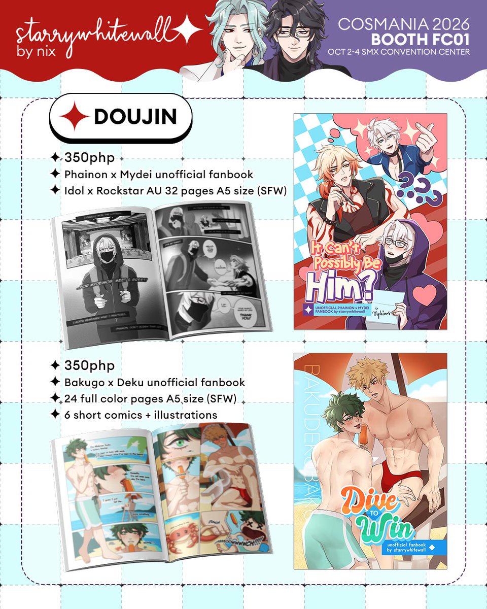 starrywhitewall's tweet photo. [🔄 &amp; ❤️] (1/3)

Sharing my #CosplayMania2026 catalog!
Check replies for reservation process! ⬇️

🌈 Phaidei, Bakudeku, Dottolone, Hoyo, Nijisanji, Holostars, Tamon's B-Side, Witch Hat, etc
📍 Booth FC01, SMX Convention Center, Oct 2-4

#FanfairAtCosplayMania2026 #Cosmania2026 https://t.co/5AHmYquQcY