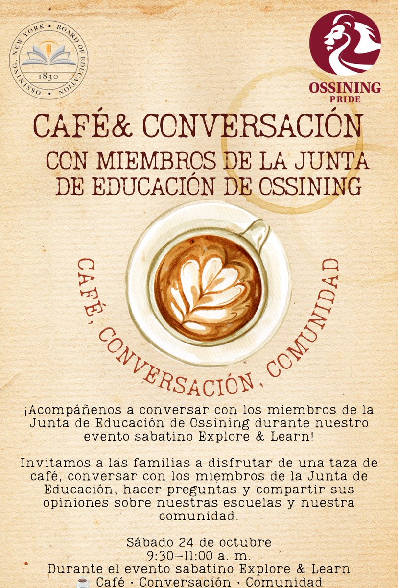 OssiningSchools's tweet photo. ☕ Coffee & Conversation with the Ossining Board of Education
Have questions about our schools? Or simply want to connect with members of our Board of Education?
Join us for Coffee & Conversation during Saturday Explore & Learn on Sat, October 24, from 9:30–11 AM. #opride https://t.co/DuUbixSnct