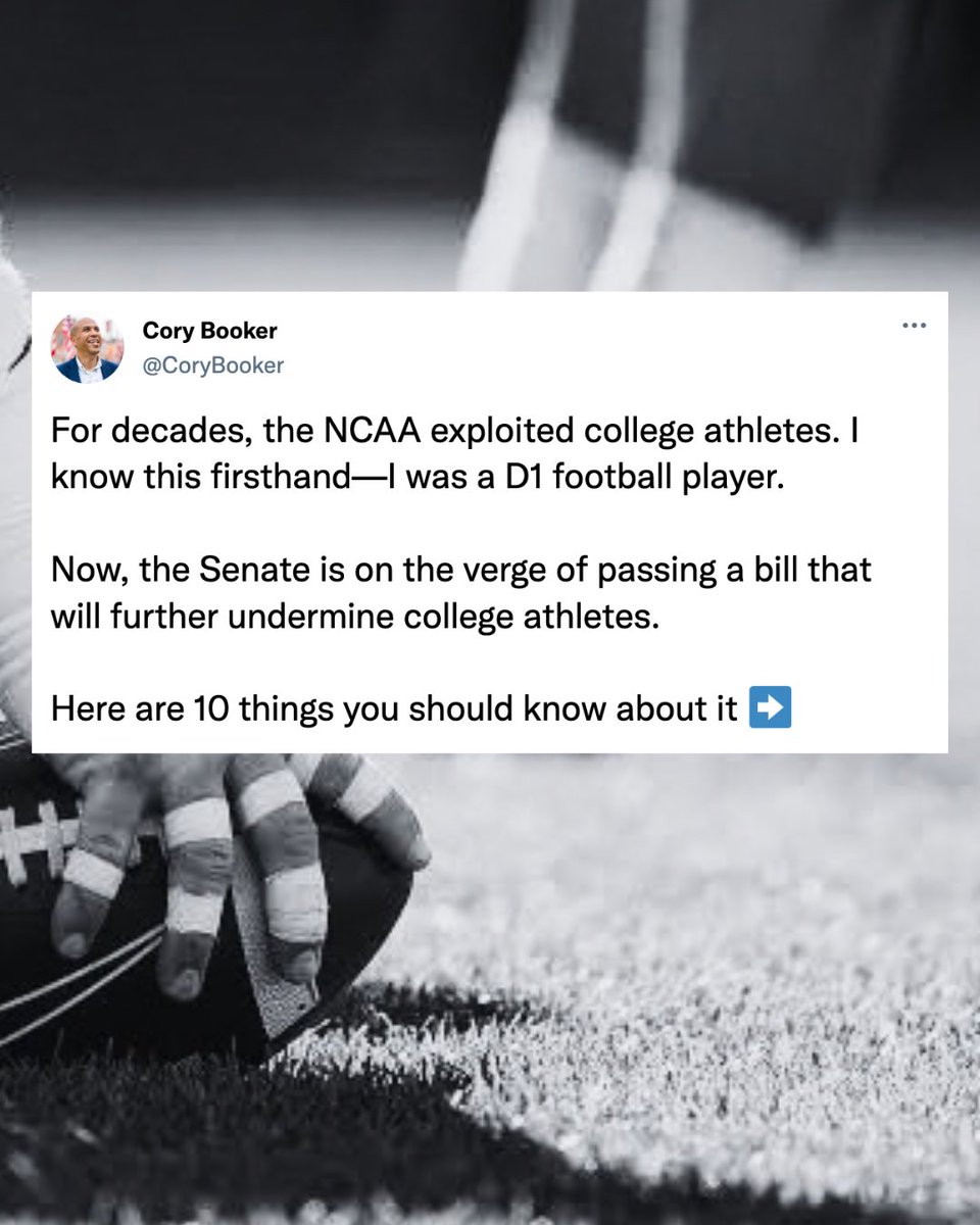 CoryBooker's tweet photo. Gas is $5. We’re at war abroad. Health care costs are soaring. But Congress is focused on college sports and undermining the rights of athletes. It’s wrong. https://t.co/JJswx7saA4