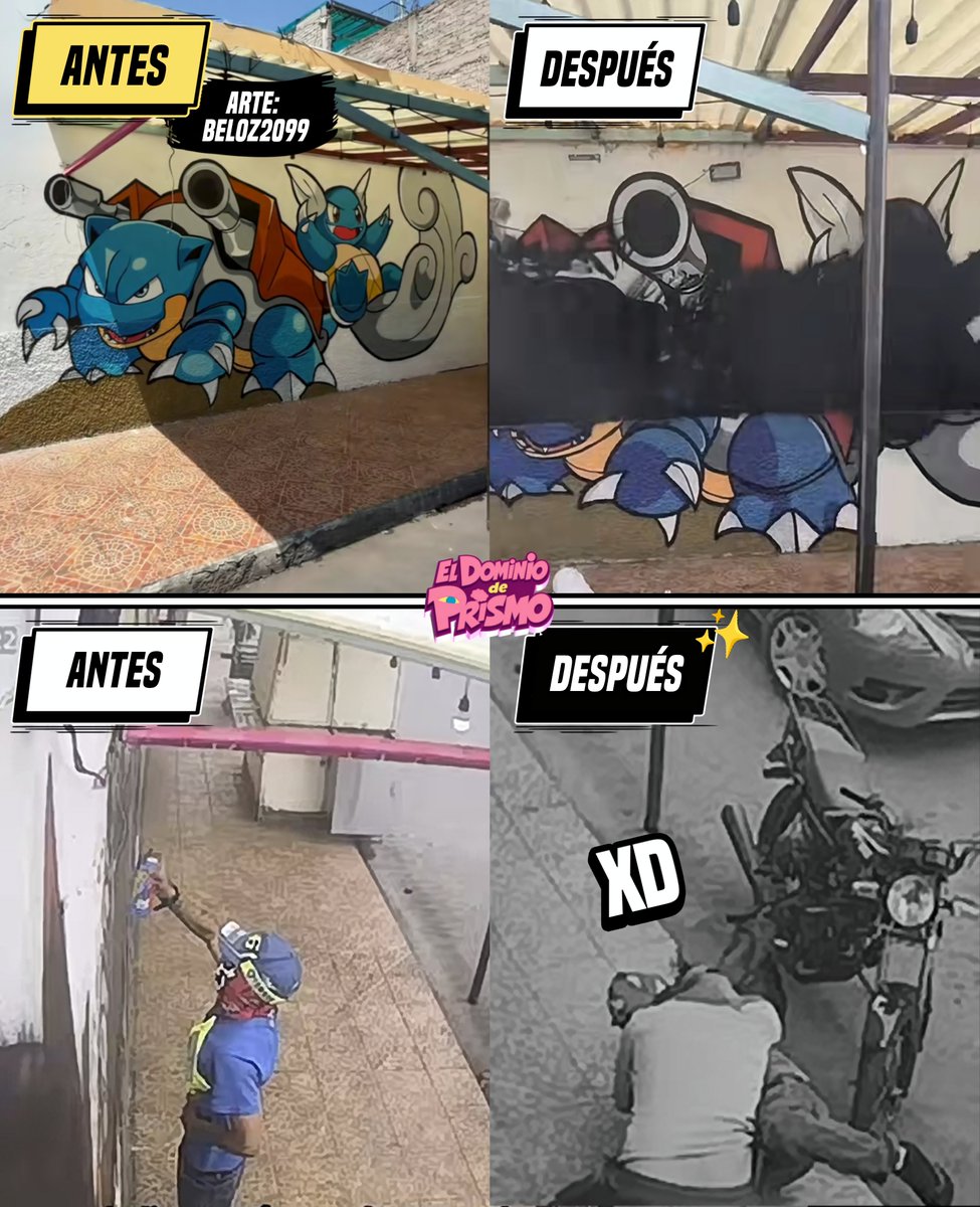 DominiodePrismo's tweet photo. 🎨🟦 Por tercera vez, vandalizaron el mural de Pokémon

Esta vez sí pusieron cámaras y atraparon al vándalo en el acto. Un vecino se le fue encima y le dio como piñata a la persona que pintó de negro el mural.

Sin embargo, según le contaron al artista, él no sería el principal responsable, sino que solo fue contratado por el vecino que busca dañar el mural.