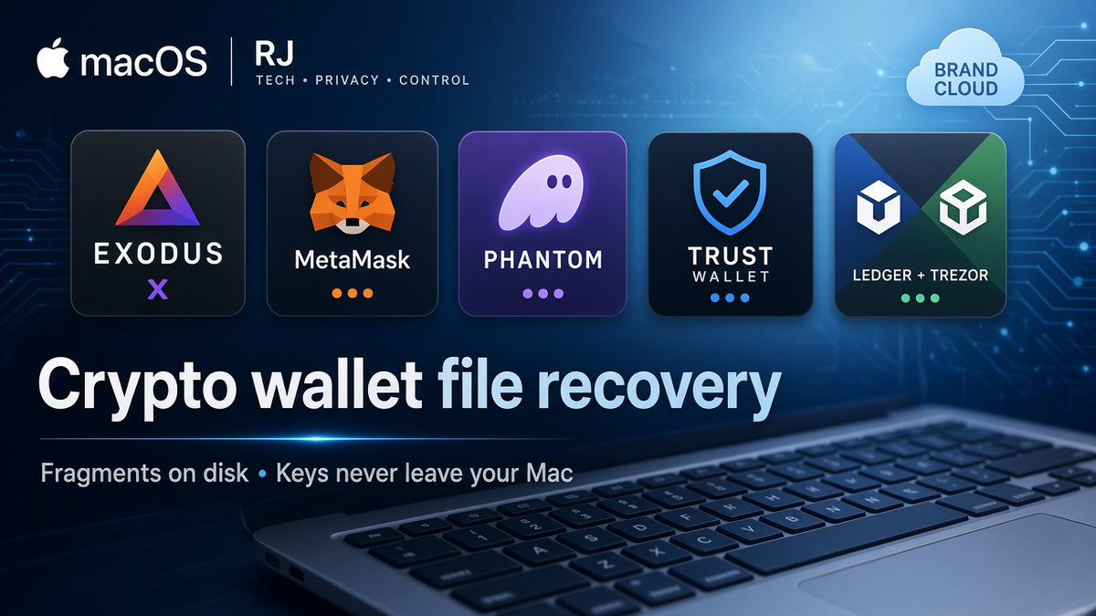 macOSRJcom's tweet photo. 💎 Crypto wallet file recovery for Mac.
→ Fragments on disk → restore locally.
Keys never leave your Mac.
Supports popular wallet apps and hardware-wallet companion data when files still exist.
#Ledger #Trezor #TrustWallet #HardwareWallet #CryptoWallets #MacBook #LocalKeys https://t.co/BeY4GNAxsx