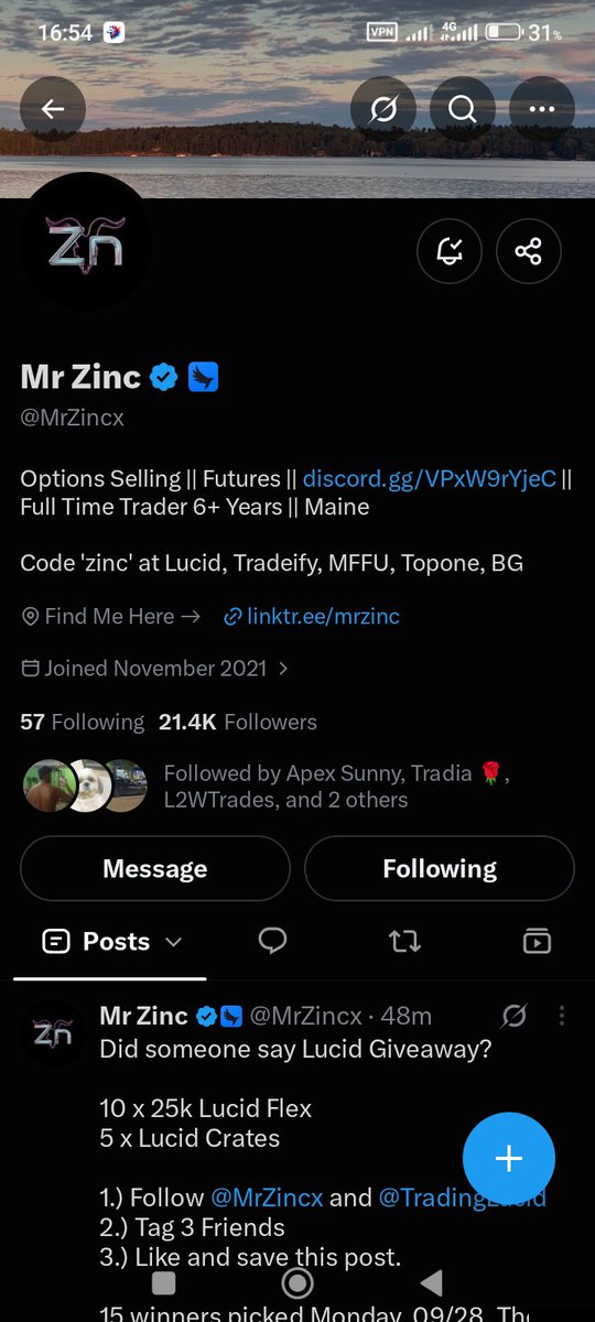ubee280's tweet photo. @MrZincx @TradingLucid Already following @MrZincx and @TradingLucid  liked &amp; saved the post.
Tagging 3 traders friends:
@EdgeOverEmotio @immj234 @OfficialBarthfr
Appreciate the opportunity, looking forward to Monday’s selection. Good luck everyone. https://t.co/vVPkGGn7kc