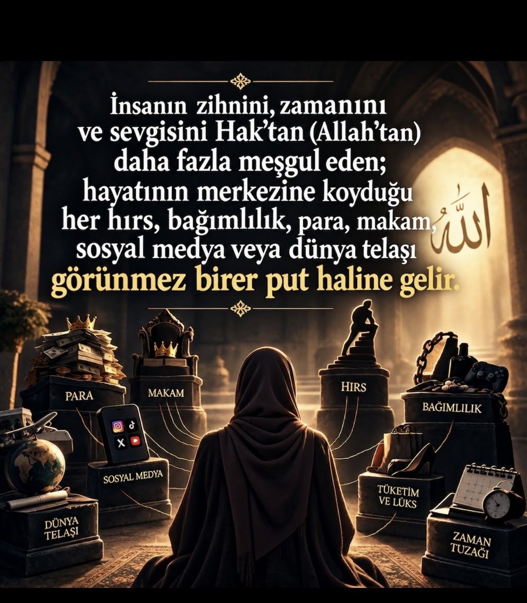 ErvaZel's tweet photo. Putlar yalnızca taştan ya da helvadan ibaret değildir.
İnsanı Hak’tan uzaklaştıran, zihnini ve kalbini meşgul eden her şey günümüzün örtülü putudur.

#cuma https://t.co/ikVHZlJ1vB