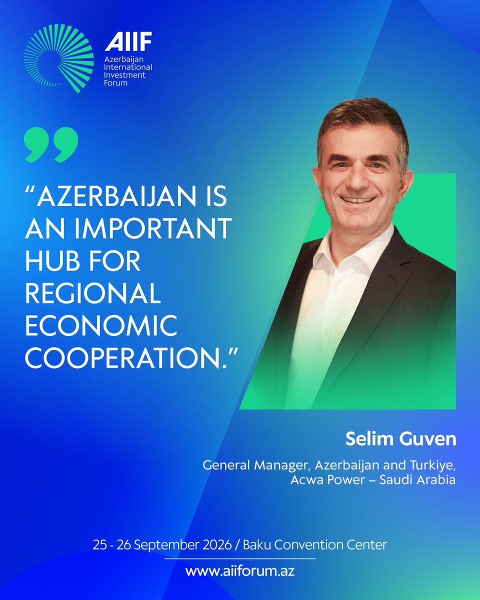 aiiforum_az's tweet photo. “Azerbaijan’s strategic location, ambitious development vision and growing investment opportunities position the country as an important hub for regional economic cooperation.”

Selim Guven highlights Azerbaijan’s growing role in regional economic cooperation and investment, while emphasizing the potential for long-term partnerships and sustainable development.

He also underlines the importance of platforms such as the Azerbaijan International Investment Forum in bringing together investors, businesses and decision-makers to strengthen international partnerships and turn investment opportunities into impactful projects.

From investment opportunities to long-term impact.

#AIIF2026 #Azerbaijan #Investment