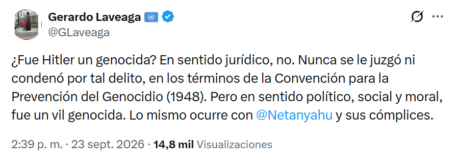 IrvingGatell's tweet photo. Me encantó este twitt de @GLaveaga 
Encarna a la perfección TODO LO QUE ESTÁ MAL con la acusación a Israel de genocidio, desde la ignorancia hasta el prejuicio.
Te lo explico rápido aquí mismo.

1. Sí, Hitler fue un genocida. No se le procesó por genocidio porque se pegó un balazo en la cabeza, pero hay que señalar que el término SE INVENTÓ en 1944 (NUNCA se había usado) justo para describir lo que Hitler estaba haciendo con los judíos en Europa del Este. El primero en usarlo fue el jurista Raphael Lemkin en su libro "El dominio del Eje en la Europa ocupada".

2. Ahí empieza el error de @GLaveaga por ignorancia: parece que presupone que a cualquiera ANTERIOR a Hitler se le podía procesar por genocidio, pero no. El concepto se creó justo para ponerle un nombre a cierto tipo de atrocidades cuyo arquetipo fue el exterminio masivo de judíos a manos de los nazis, así que antes de la II Guerra Mundial A NADIE se le procesó por genocidio. Según la lógica de Gerardo, incluso Leopoldo II de Bélgica no fue un genocida porque no se le procesó por genocidio.

3. Lo peor es que él mismo escribe una idiotez y ni cuenta se da: pregunta si Hitler fue un genocida y responde que no se le condenó por ese delito según términos creados en 1948. O sea, Hitler se suicidó en 1945. Como que se le fueron los cables al pobre Gerardo.

4. Pero lo peor viene después: justo después de mencionar que el genocidio se define en los términos de la Convención para la Prevención del Genocidio, nos habla de un genocidio "en sentido político, social y moral".

ESO NO EXISTE.

El genocidio es UN CONCEPTO JURÍDICO, no un concepto moral, social o político. Ahí es donde pareciera que, según Gerardo, el concepto de genocidio existió siempre, como si la palabreja hubiese aparecido de manera natural en cualquier idioma.

Repito: el concepto de genocidio fue diseñado por un jurista apenas en 1944, justo para darle nombre a la barbarie nazi.

El concepto de genocidio es EXCLUSIVAMENTE JURÍDICO. Nada de mamadas como "político, moral o social". Y te explico rápido por qué es importante.

Si a tu vecino no le gusta tu conducta, NO TE PUEDE DEMANDAR ante las autoridades por "fraude en un sentido social y moral". Si al gobierno no le gustan tus opiniones NO TE PUEDE DEMANDAR ante las autoridades por "intento de homicidio doloso en un sentido político".

Fraude u homicidio doloso son CONCEPTOS JURÍDICOS que se tienen que usar con todo el rigor precisado en las leyes, porque de lo contrario a cualquiera se le podría acusar por cualquier idiotez.

Aquí no se trata de que un vecino diga "es que YO SIENTO que me hizo fraude porque no me gustó su conducta", o que el gobierno diga "es que YO SIENTO que me está matando con sus opiniones críticas".

Así, igualito, con el concepto de genocidio.

Es una idiotez llegar a decir "es que en un sentido moral, esto es un genocidio". Es el equivalente a decir "Yo siento...".

No. El único concepto válido es el jurídico, y en función de eso se decide si una acción es genocidio o no lo es.

Lo de Gaza es una guerra, y según la jurisprudencia derivada de los juicios contra los genocidas de la Guerra Civil Yugoslava, si es guerra NO ES genocidio. El genocidio DEBE SER INEQUÍVOCO. Así quedó establecido en lenguaje jurídico, más allá de lo que @GLaveaga o tú "sientan" en lo más profundo de sus ignorantes corazoncitos.
