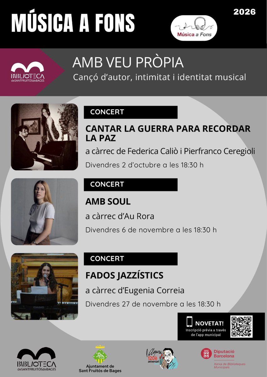 AjSantFruitos's tweet photo. 🎶😍La Biblioteca de #Santfruitós s’omple de música amb el cicle “Amb veu pròpia”.
🎺El programa Música a fons porta tres propostes musicals durant els mesos d’octubre i novembre.
➕https://t.co/5Vug45QVAa
#músicaafons #SFB @diba https://t.co/3eDeDLBnoV