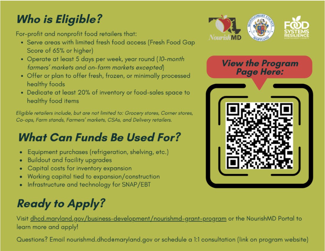MontgomeryCoMD's tweet photo. 🥬 Own a grocery store, corner store, farm stand or farmers market? Maryland’s NourishMD program offers grants of $25,000 to $150,000 to help eligible food retailers expand access to healthy food in underserved communities. 

Apply by Nov. 2: https://t.co/hFirEzNCYP https://t.co/ZDvsmSOTeJ