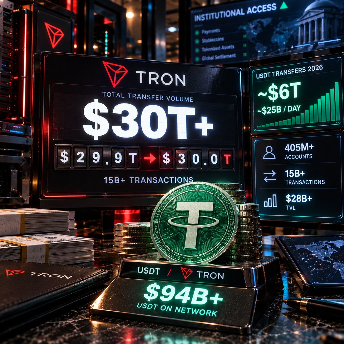 CryptoEconomyEN's tweet photo. 🌐 TRON Crosses $30 Trillion in Cumulative Transfer Volume

@trondao has surpassed $30T in total value transferred, alongside more than 405M accounts and 15B transactions.

Stablecoins remain central to that scale. The network hosts over $94B in USDT and has processed roughly $6T in USDT transfers this year, averaging around $25B per day.

Institutional access is also expanding through products including the TRXS ETF, regulated tron:native markets and tokenized assets.
