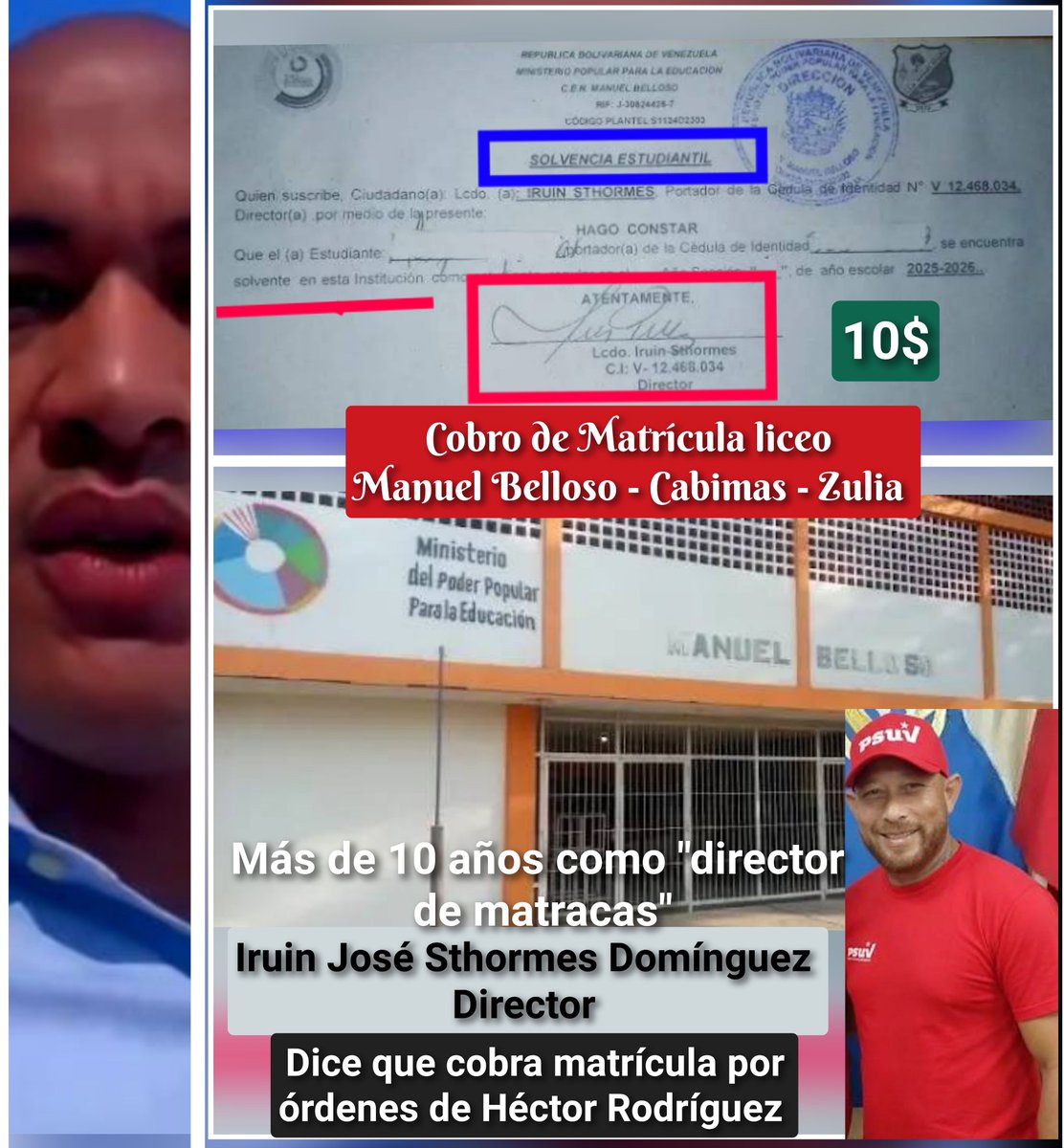 vivassantanaj_'s tweet photo. ¡Dice que es amigo y está autorizado por Héctor Rodríguez por ser ficha del PSUV! En la imagen un egresado de la "UBV" Iruin José, Sthormes Domínguez, quien COBRA 10 DÓLARES DE MATRÍCULA en el liceo Manuel Belloso, Cabimas, estado Zulia. El individuo tiene casi una década como "director" y su consorte, Noirelis del Valle Ruiz es la subdirectora "administrativa" quien además de la matrícula, viven "pidiendo colaboraciones". Los susodichos ademas "trabajan" en la Universidad Rafael María Baralt - ambos cabalgan horarios - acción permitida por las autoridades municipales y estadales, porque Sthormes Domínguez asegura que él "maneja el PSUV" en el sector. El pueblo del sector II, Calle 3 de Los Laureles en Cabimas, piden el cese de ambos individuos, pero ellos tienen lo que no tienen otros directores en el país, ser fichas del PSUV, único requisito para Héctor Rodríguez.