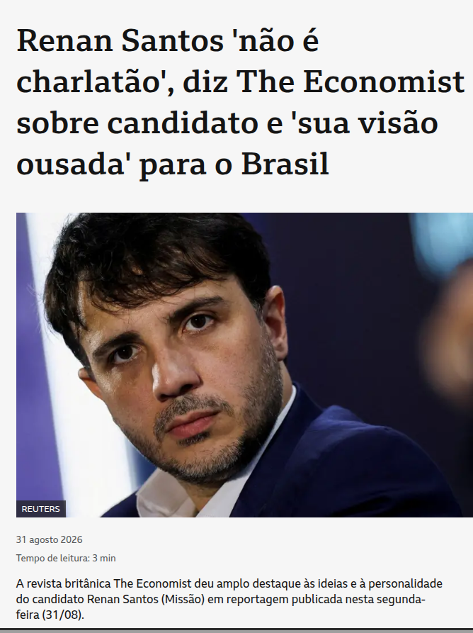 wmgeradores's tweet photo. "O Candidato presidencial que as autoridades brasileiras tentaram proibir"
The Economist

Na reportagem: "Renan é culto, bem-informado e sabe falar sobre muitos assuntos diferentes. Flávio não sabe de nada."

Não negue essa oportunidade de mudar. #Renan14 https://t.co/2riAHnRgnX