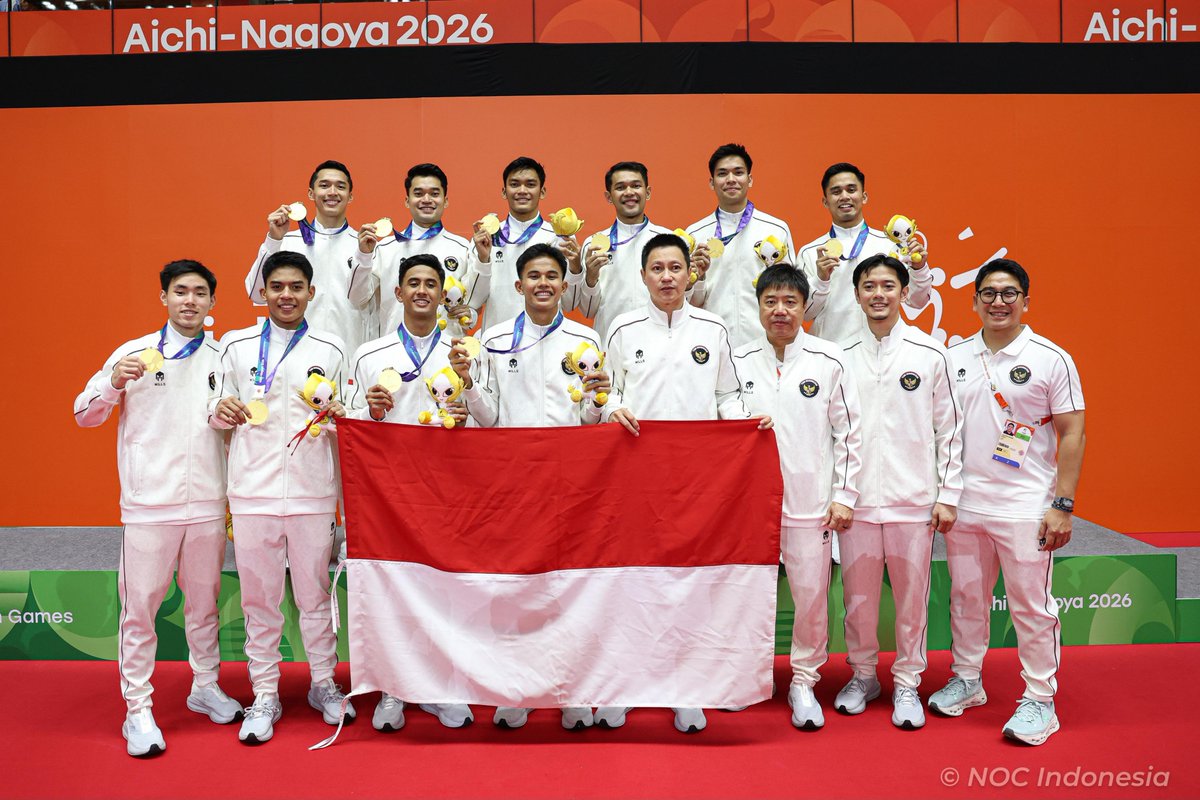 praboworeels's tweet photo. Selamat kepada Tim Bulu Tangkis Beregu Putra Indonesia yang berhasil meraih medali emas dalam ajang Asian Games 2026 di Aichi-Nagoya, Jepang. Prestasi ini sekaligus mengakhiri penantian panjang selama 28 tahun dan kembali mengharumkan nama Indonesia di kancah internasional. https://t.co/f3yKi5QZoc
