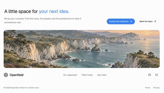 A webpage header for 'Openfield' with the tagline 'A little space for your next idea,' featuring a scenic coastal cliff landscape and 'Explore the collection' and 'Meet the team' buttons.