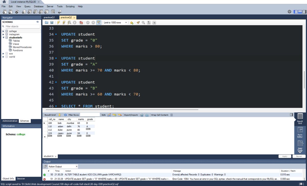techwalaguy's tweet photo. Day 38 of #100DaysOfCode 🐬

Solidifying my database fundamentals today!

What I focused on today:
✅Mastering advanced MySQL clauses
✅Executing complex table queries (ALTER, UPDATE, DELETE)
✅Solving SQL practice problems to lock in the syntax

#webdev #mysql #sql  #coding https://t.co/8hr54DvNVG