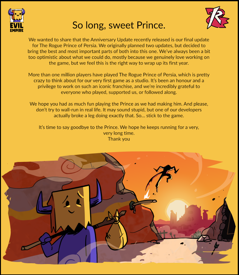 Studio_Evil's tweet photo. We wanted to share that the Anniversary Update recently released is our final update for The Rogue Prince of Persia.🥹

Thank you, everyone. It’s been one hell of a run. ❤️ https://t.co/xUPOqlNF4N