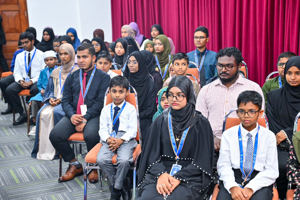 presidencymv's tweet photo. President Dr @MMuizzu and First Lady @sajidhaamohamed attend the closing ceremony of the 38th National Quran Competition, celebrating the achievements of participants and recognising their dedication to learning, memorising and reciting the Holy Quran. https://t.co/Y7ZODQfC6U