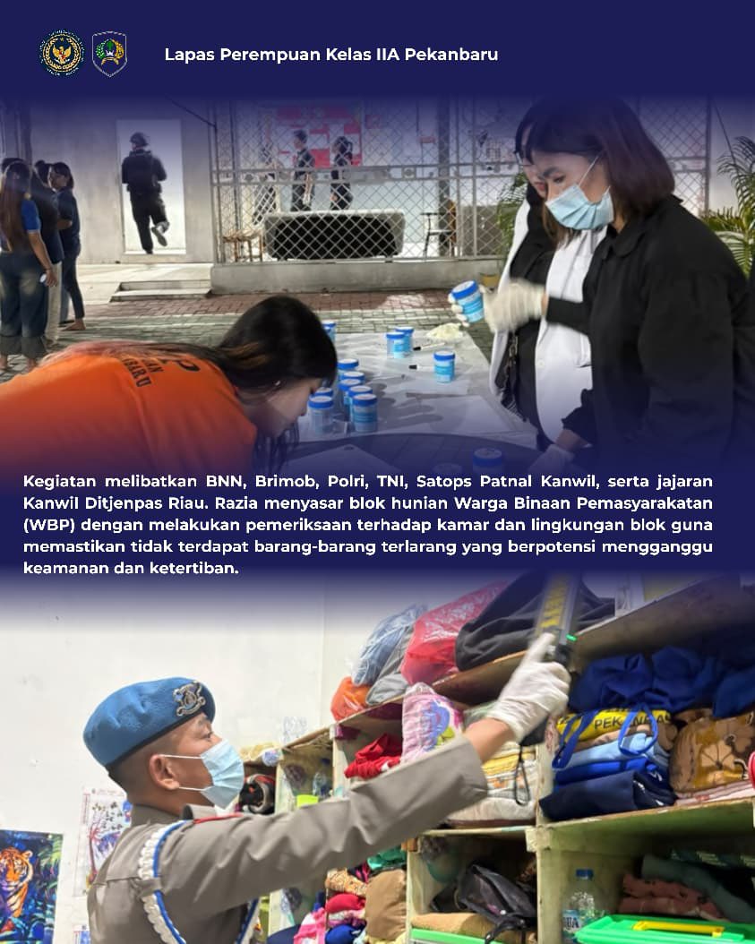 LppPku's tweet photo. Razia Gabungan TNI, Polri dan BNN di Lapas Perempuan Pekanbaru, Perkuat Deteksi Dini Gangguan Kamtib https://t.co/KJODXUWxnS