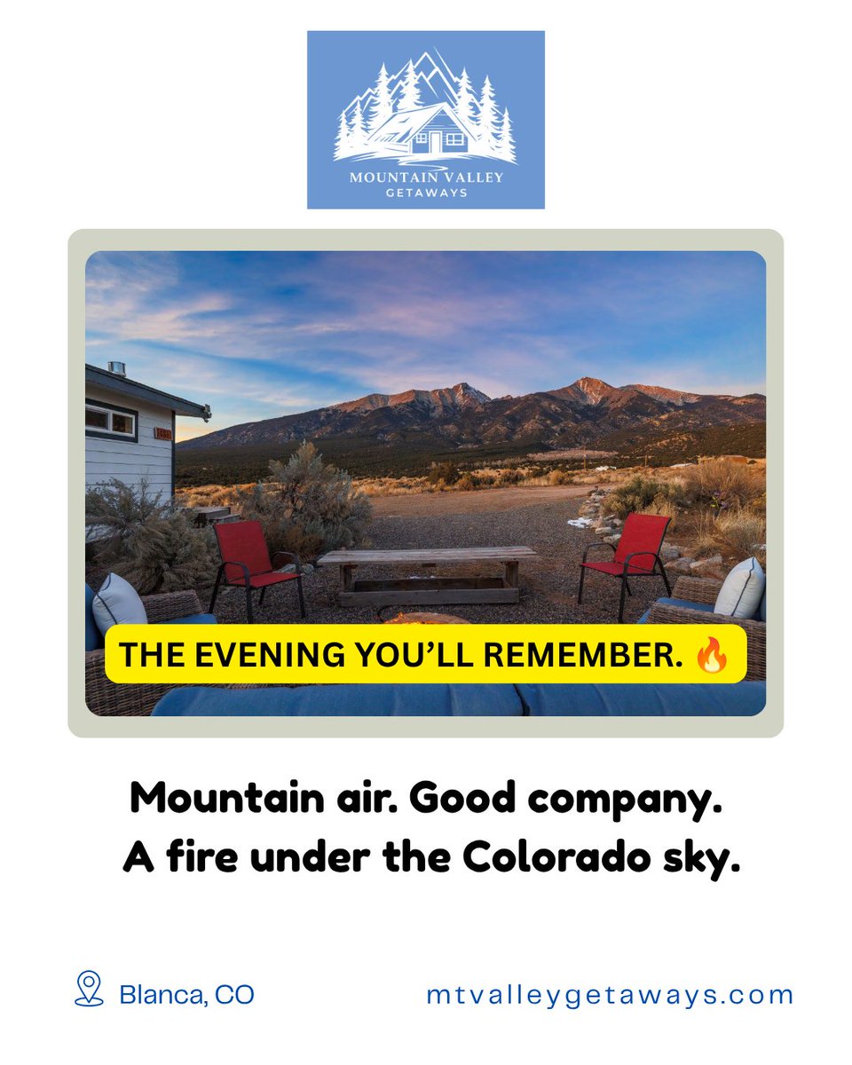 mtvalleygetaway's tweet photo. The evening you'll remember. 🔥❤️

Colorado adventures by day.

Fire pit conversations at sunset.

Dark skies after.

📍 Blanca, Colorado

#Colorado #ColoradoTravel #CabinGetaway https://t.co/YvterqIPPr