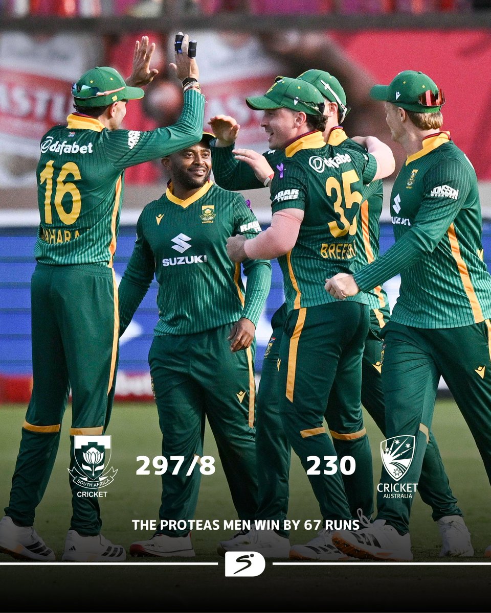 SuperSportTV's tweet photo. Victory on Heritage Day ✅🇿🇦

The Proteas Men start the three-match ODI series with a win 🏏🔥

#SSCricket | #SAvAUS https://t.co/pPbJzWrMMz