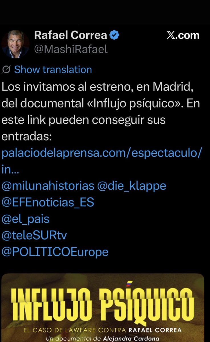 UnaTalMaka_'s tweet photo. Rafael Correa promociona la película de Rafael Correa que habla de Rafael Correa.

Solo han vendido 10 entradas.
Chch ni la familia compra https://t.co/LM4fEdNIrX