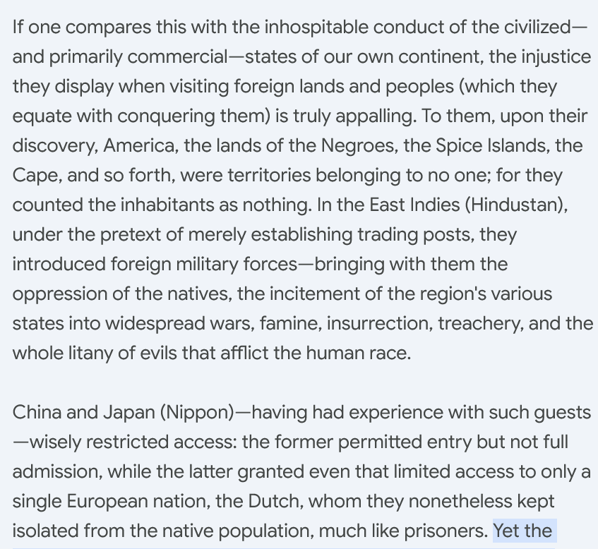 CharlesCMann's tweet photo. Historians rightly say people's actions must be judged by the standards of their time. What often gets lost is that those standards often weren't what we think. Many 18thc Europeans hated colonialism--as an e.g., here's Immanuel Kant in 1795 castigating it as "truly appalling." https://t.co/ipN79byaOZ