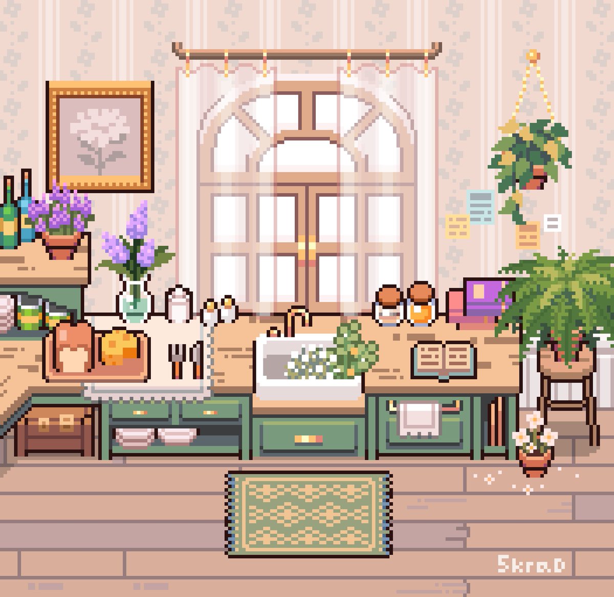 fivekrad's tweet photo. Cozy kitchen🌿🍞🧀🌼🪻🪴
#pixelartㅤ https://t.co/xGwrs5L0e5