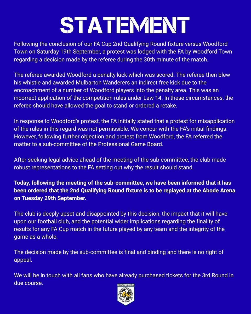 MulbartonFC's tweet photo. 🔵⚫️OFFICIAL STATEMENT🔵⚫️ 

The club is making the following statement regarding our 2nd Qualifying Round FA Cup fixture vs Woodford Town on Saturday 19th September 2026.  

Further information will follow in the coming days. https://t.co/1V3wCx7lSN