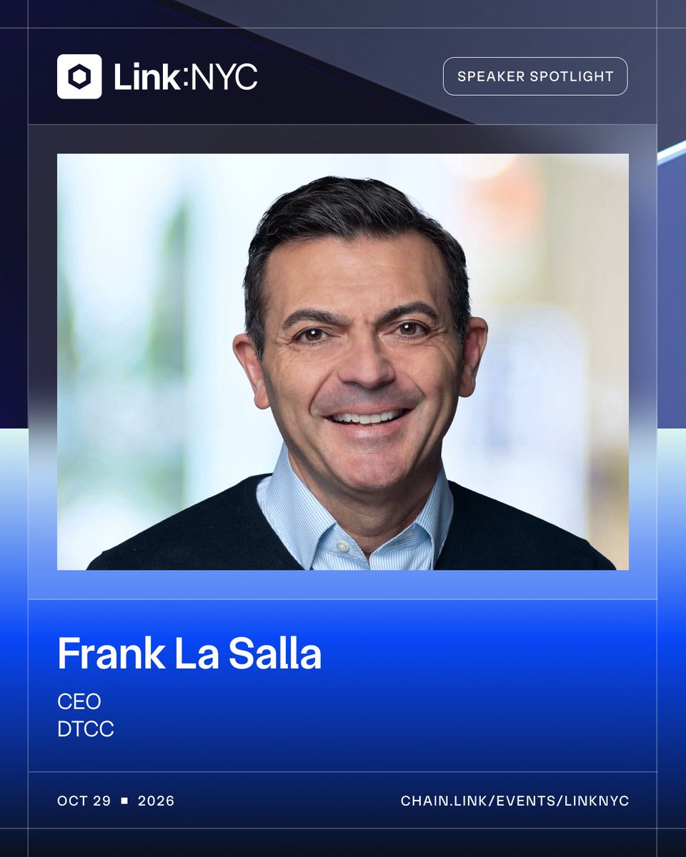 chainlink's tweet photo. Frank La Salla, President and CEO of @The_DTCC, is speaking at Link:NYC.

The DTCC Tokenization Service, which will tokenize real-world assets held at the DTC ($114 trillion), is expected to launch in Q4 2026.

October 29, NYC. https://t.co/lNLMrecwju https://t.co/K2dvjZIbbz