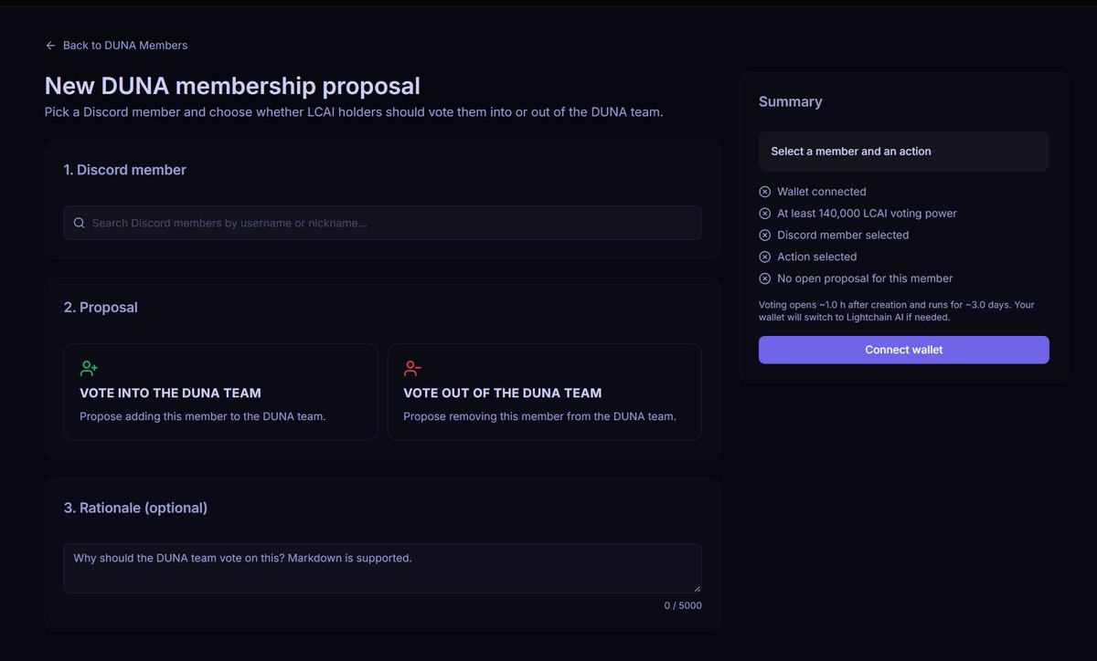 LightchainAI's tweet photo. 🏛️ DUNA Members — Governance is LIVE

LCAI holders can now vote DUNA team members in or out of their positions.

Once a proposal passes, anyone can execute it and update the on-chain member registry. The DUNA team handles the corresponding off-chain side.

🗳️ Threshold: 140K LCAI
📊 Quorum: 3% · 298.94M LCAI
⏳ Voting delay: ~1 hour
🗳️ Voting period: ~3 days
👥 Current members: 14
🔗 https://t.co/V1Us0qWgpk

DUNA governance. Community decisions. On-chain execution. 🔷