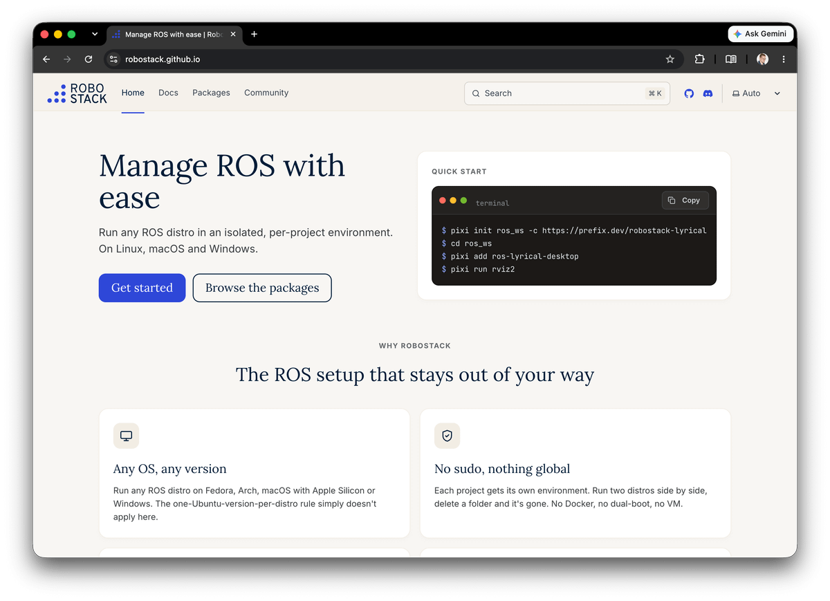 RoboStack's tweet photo. We revamped the RoboStack website! It looks a lot better now and shows you a lot more information. Also advertises @prefix_dev Pixi as preferred method for installation. Let us know what you think!

https://t.co/eCecmcy7y8 https://t.co/5xbnJ3ns9Q