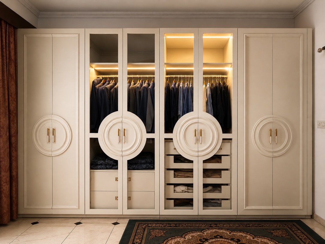 violetjacksonzc's tweet photo. A wardrobe designed to feel like furniture—where classical detailing meets contemporary functionality. Sculpted mouldings, bespoke gold-and-pearl hardware, illuminated glass sections and organised interiors make storage feel architectural. Designed https://t.co/CuylOUgQK9