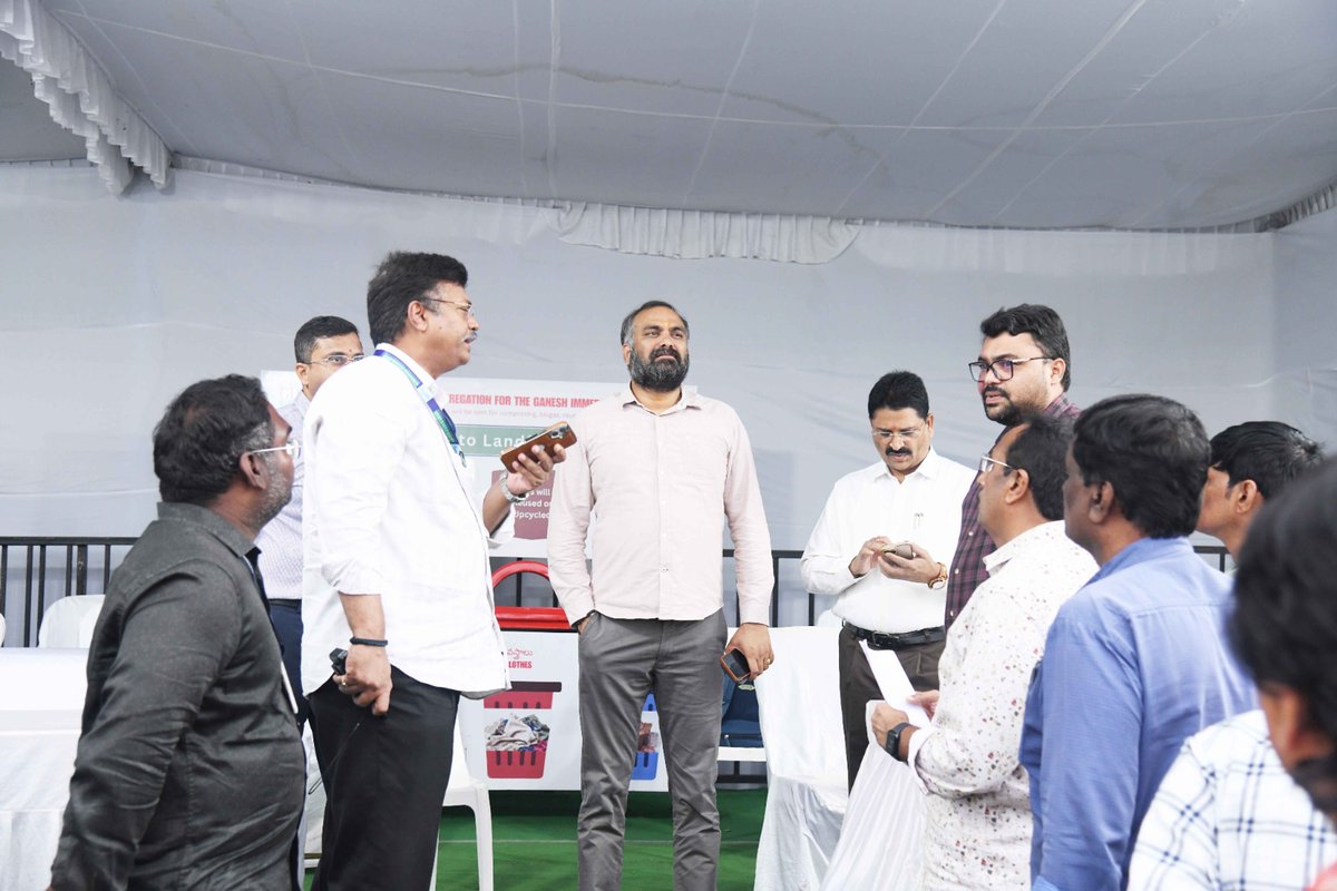 GHMCOnline's tweet photo. Commissioner Inspects Ganesh Immersion Arrangements at NTR Marg & Tank Bund

GHMC Commissioner Sri R.V. Karnan, IAS, along with Zonal Commissioners of Golconda & Khairatabad, ASP, GHMC, and Additional Commissioner (Sanitation), inspected arrangements at NTR Marg and Tank Bund for tomorrow’s Ganesh idol immersion.

The Commissioner directed officials to ensure seamless inter-departmental coordination, adequate facilities for devotees and procession participants, and round-the-clock sanitation. Sanitation teams were instructed to promptly clear waste and immersion-related debris and maintain cleanliness along procession routes and immersion points.

Officials were directed to complete all arrangements on priority and ensure a safe, smooth and hassle-free immersion programme for the public.

#GHMC #GaneshImmersion #NTRMarg #TankBund #SwachhGHMC

@TelanganaCMO @IPRTelangana @jayesh_ranjan
@TelanganaCS @ZC_Charminar @CommissionrGHMC
@ZC_Khairatabad @ZC_Secunderabad @ZcGolconda
@ZC_Charminar @ZC_RAJNGR @ZC_Shamshabad