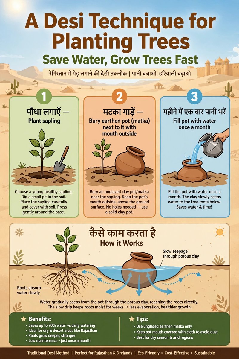 DattaSubi's tweet photo. Desi Techniques for Plantation of Trees- *Technique:* Bury an old earthen matka/pitcher next to the sapling, mouth kept above ground
- *Important:* Do NOT make a hole in the pot — the porous clay naturally seeps water
- *Watering:* Fill once a month only
- *Benefit:* Water goes directly to roots, saves up to 70% water, tree grows much faster
- *Special tip for Rajasthan:*
 Very useful for dry/arid regions, uses old matka from home, low cost and sustainable