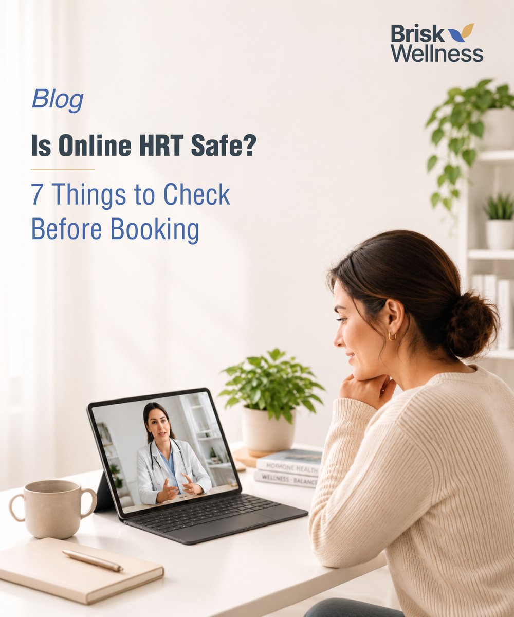 BriskWellness's tweet photo. Booking HRT online? 
Don't just check the price, check the process.

7 things every provider should get right before you trust them with online hormone replacement therapy 👇

https://t.co/Q1myO24A37

#HRT #Telehealth #WomensHealth #Briskwellness https://t.co/F9kDS0PrRK