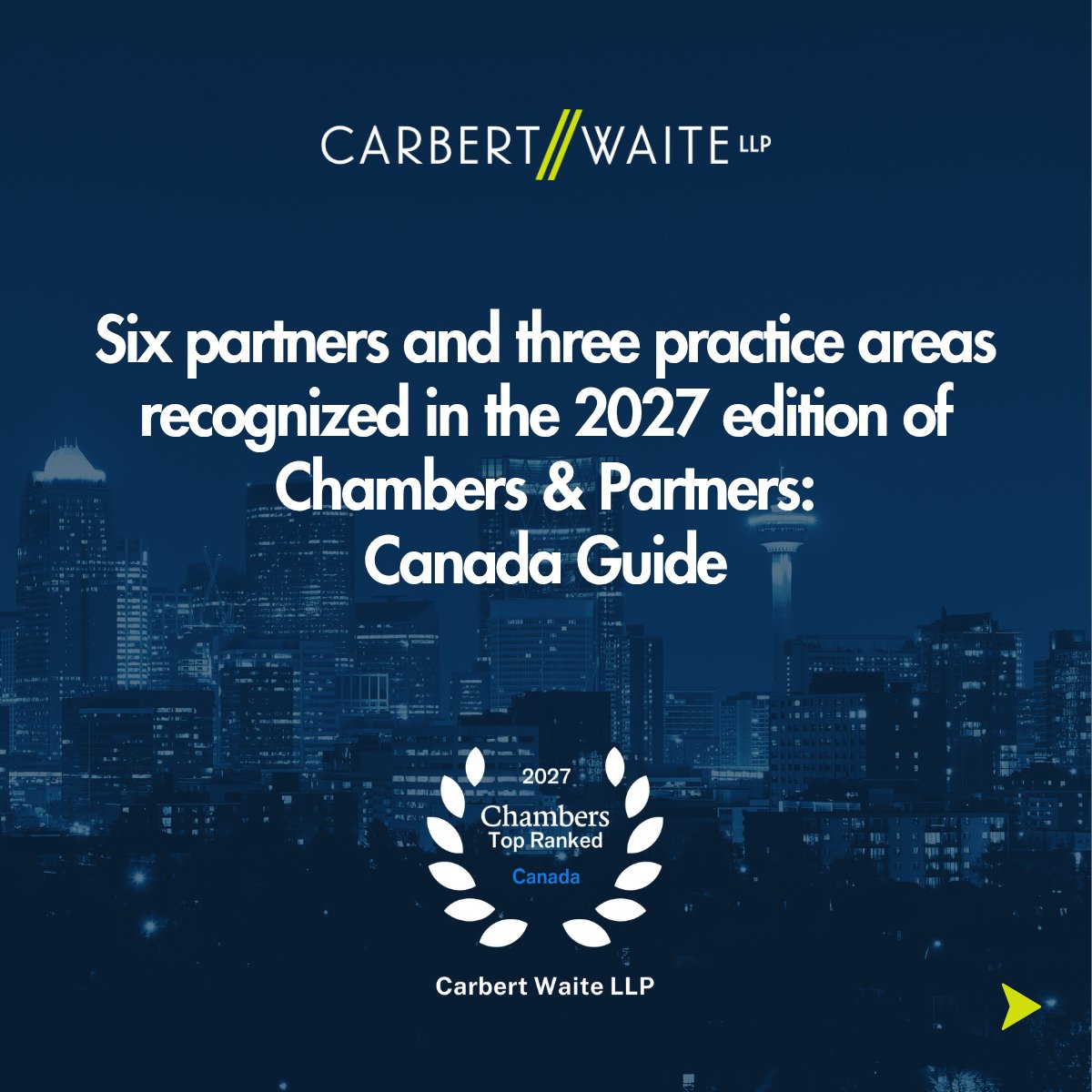 CarbertWaiteLLP's tweet photo. We are proud to announce that six of our partners and three of our practice groups have been recognized in the 2027 Chambers Canada Guide.  

Please join us in congratulating our recognized lawyers and practice groups for this achievement: 
https://t.co/8G9Gls0fUB https://t.co/5IEsuPMlMZ