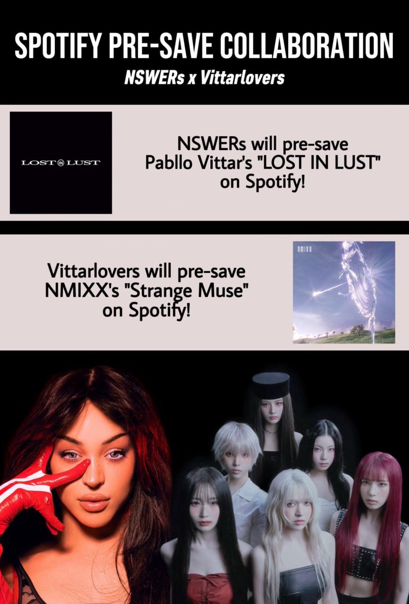 nmixxiee's tweet photo. [🚨] SPOTIFY PRE-SAVE COLLABORATION !!

@pabllovbrasil x @nmixxiee

✅ What To Do
• NSWERs will pre-save Pabllo Vittar’s “LOST IN LUST” on Spotify 
[https://t.co/PdNBIHG3X3]
• Add watermark to your screenshot
• Comment proof under this tweet only

🎯 Goal: 200 proofs

🤝 In Return
Vittarlovers will presave “Strange Muse” on Spotify once the pre-save page is open 🩵 Please participate this NSWERs!

#NMIXX #엔믹스
#Strange_Muse