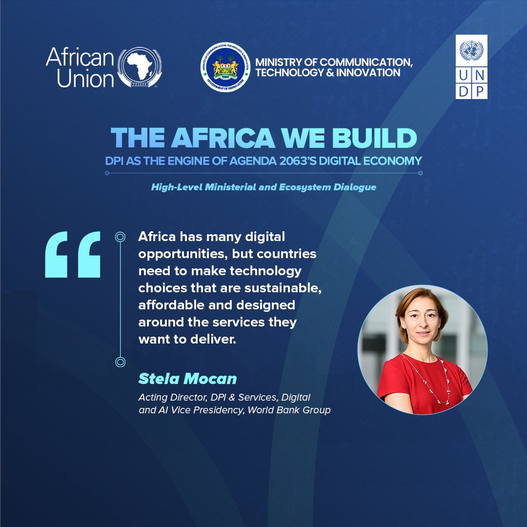 UNDPAfrica's tweet photo. The impact of #DPI depends on the decisions made while building it.
Through #AA4DPI, countries are working through those choices with partners, keeping public services and long-term use in view.
💬 Stela Mocan, @WorldBankAfrica 👇 https://t.co/tHw01xnVTE