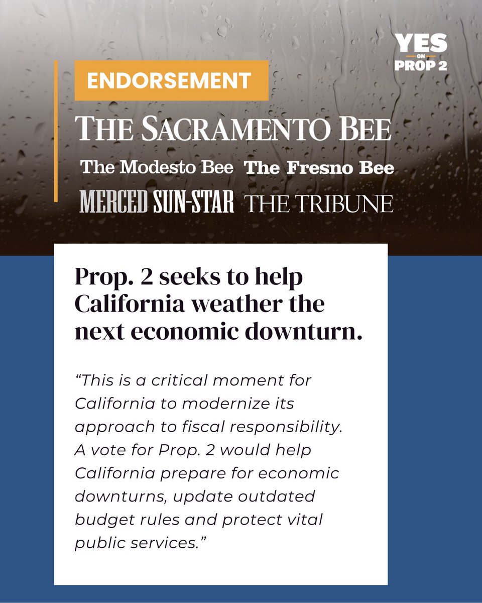 yesonprop2ca's tweet photo. When an economic downturn hits, California schools, healthcare and public safety feel it first. That's why the editorial boards of The Sacramento Bee, Modesto Bee, Fresno Bee, Merced Sun-Star and The Tribune are urging a Yes vote on Prop 2. https://t.co/KBIbuw3387