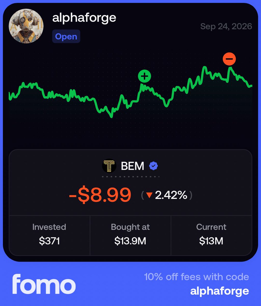 Alphaforgefomo's tweet photo. Not every trade starts green. 🔴

BEM: -2.42%
Invested: $371
Entry: $13.9M MC
Current: $13M MC
PnL: -$8.99

Position still OPEN.

I post the red ones too.
Real trades. Real P&amp;L. No cherry-picking.

$500 → $50K challenge continues.

Fomo: alphaforge
Code: alphaforge

#Crypto https://t.co/5GoTJEbBON