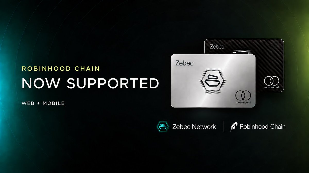 Zebec_HQ's tweet photo. Robinhood Chain is now live on @ZebecCards. 💳

Support is available across web and mobile, with ETH on the network coming next.

This is our first step toward bringing more Robinhood Chain assets into everyday spending through Zebec Cards. https://t.co/LKYwXulILo