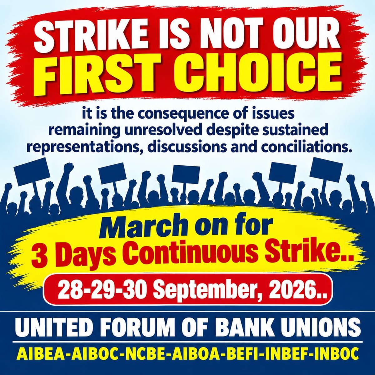 AMOL72631400's tweet photo. ๐ฃ HONOUR THE COMMITMENT โ IMPLEMENT 5-DAY BANKING NOW & RESOLVE ALL RESIDUAL ISSUES ! โ
Bankers have always stood by the nation ๐ฎ๐ณ with dedication. Now, honour the commitments made to them. Respect the bankers.
#5DayBankingNow
#UFBU
#AIBOC
#AIUBOF
#UBOAM https://t.co/6ikJXnyeZ7
