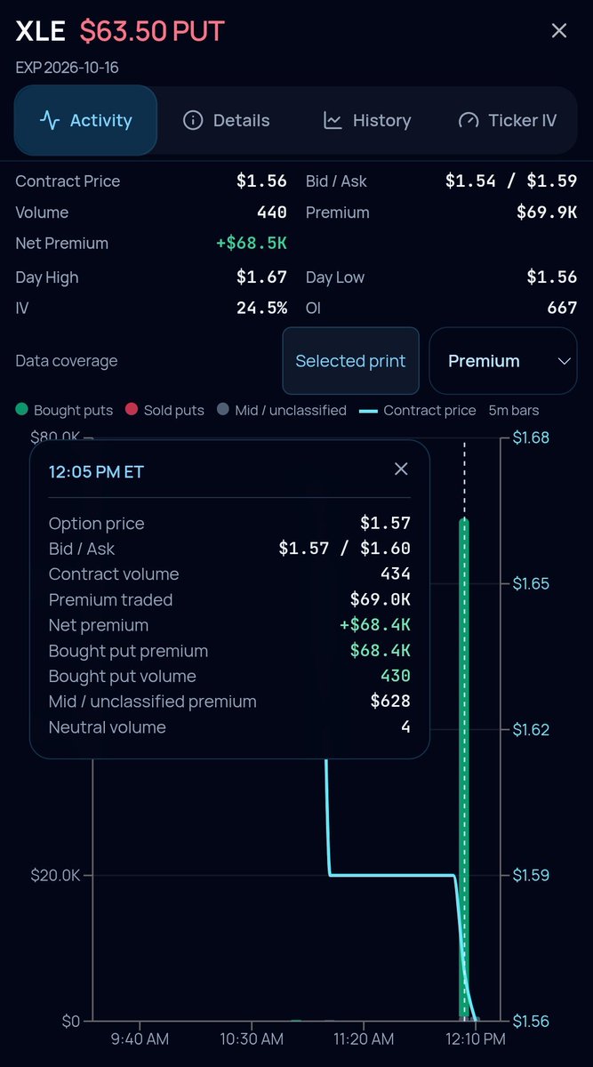 RowFlowPro's tweet photo. 🚨 Major $XLE put sweep crossing the tape in the 10/16/26 $63.50 puts.

Get more UOA alerts ⚠️ at https://t.co/HPoOoyFTs8. https://t.co/m8ZMwFtQIf