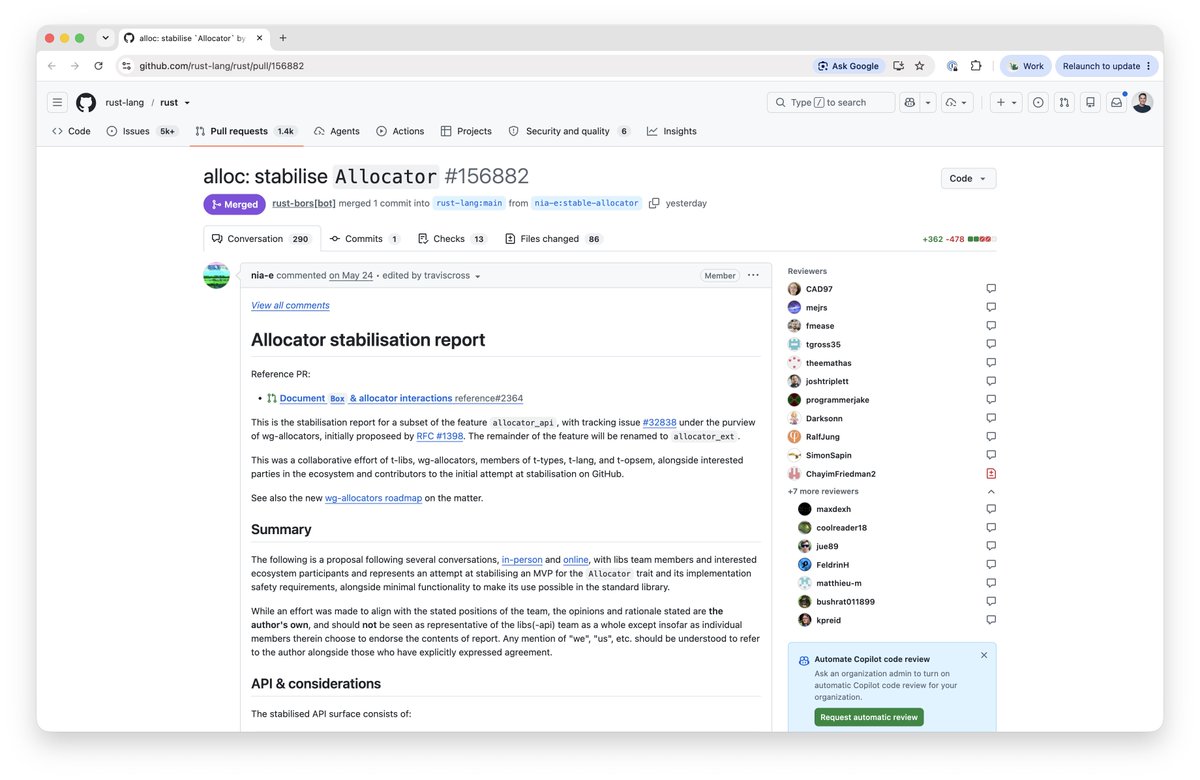 charliermarsh's tweet photo. Rust's Allocator API is now stabilized, it'll drop in Rust 1.100! https://t.co/VCMwJW60gn