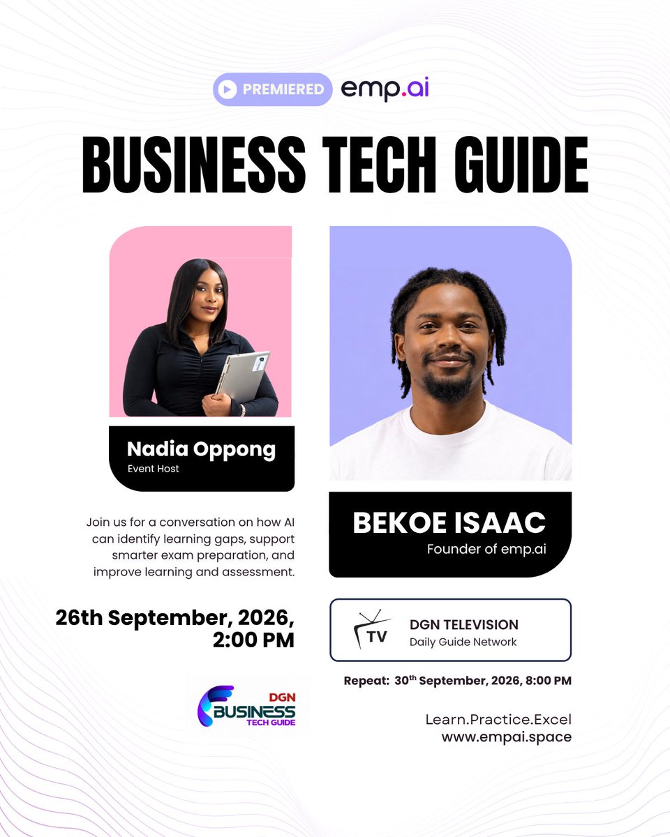 EMPAISPACE's tweet photo. Our founder, Isaac Bekoe, joins Nadia Oppong on @DailyGuideGH’s Business Tech Guide to talk about AI and better learning.

26 September, 2:00 PM | Repeat: 30 September, 8:00 PM
#BusinessTechGuide #AIinEducation https://t.co/svj1Gr8nPF