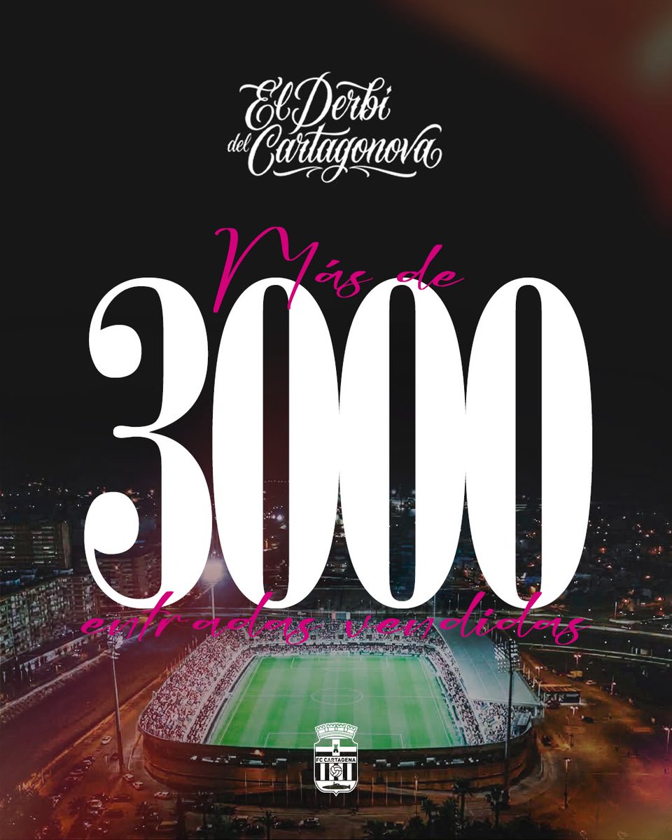 FCCartagena_efs's tweet photo. 🔝Más de 3000 entradas vendidas para  #ElDerbiDelCartagonova. 

⏰Próximo lunes 28 de 09.00 a 19.00
➡️Venta exclusiva para abonados

⏰De martes 29 a viernes 2 de 09.00 a 19.00
➡️Venta para abonados y público general

📍Oficinas del Estadio Cartagonova

#LaPasiónQueNosUne | #VamosEfesé