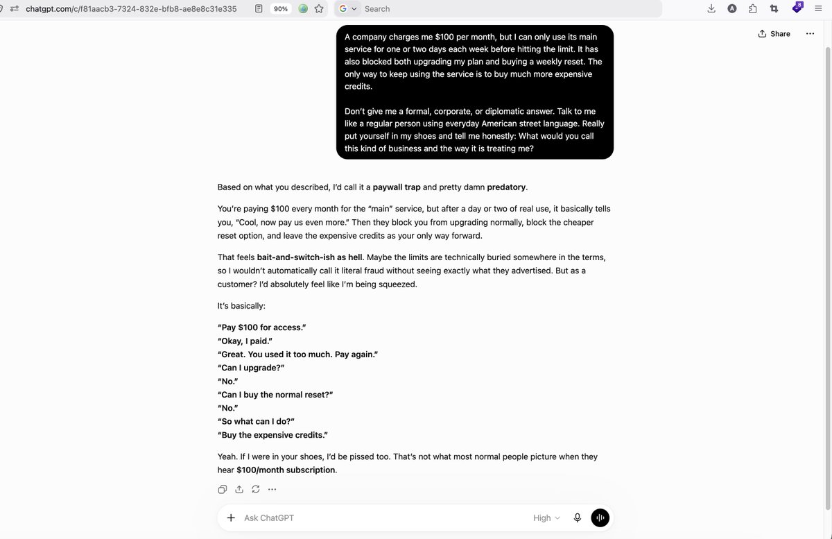BuildToCite's tweet photo. Hello OpenAI Support Team, @OpenAIDevs 

Ever since I created this topic, I have been waiting for you to give me a reason to stay with OpenAI. But I have seen absolutely no progress in improving this situation.

This is a formal accusation of a real scam on your part.

1- I paid $100 per month, but in practice, I can only use the service for 4–6 days per month. After just 1–2 days, I reach my weekly limit and spend the rest of the week waiting for it to reset. So why do you call this a monthly plan? Sell it as a weekly or even daily plan! When I purchase a plan advertised as monthly, I expect it to support me throughout the month—not for only five days of the month.

2- I want to upgrade to a higher plan and purchase the 20x package, but you have blocked that option as well.

3- I want to purchase and use a weekly reset, but you have blocked that option too.

So the only option you are offering me is to purchase credits—which you sell at 10x the price!

Please put yourselves in my position and honestly tell me: What would you call a real-world business that treated you this way? We would call such a business a real scammer. Yes, based on everything listed above, you are scammers. You can even ask your own “intelligent” model, Astra. i shared chat here!

https://t.co/8VQ1uTH5Wh

If you genuinely want to know what other users think, read the number of likes and their comments as well.

What all of us expect is for you to stop this scam and provide a complete solution.

https://t.co/GgdzYc4QQc

@thsottiaux @OpenAI @sama